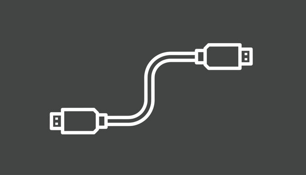 Simple outline icon of a double sided digital connection cable on a dark grey background representing data link.