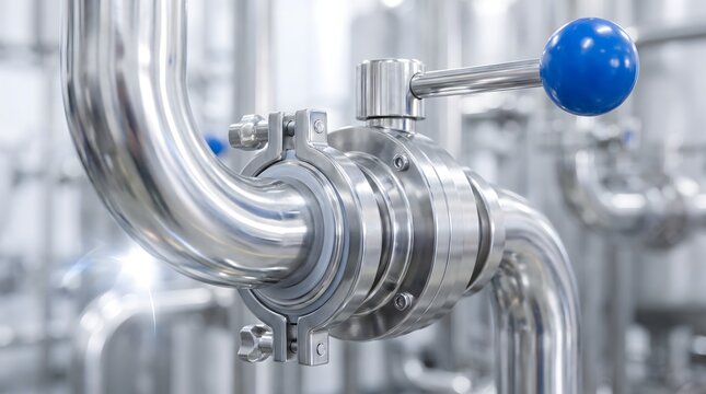 Stainless steel pipe clamp connection with blue manual handle valve.