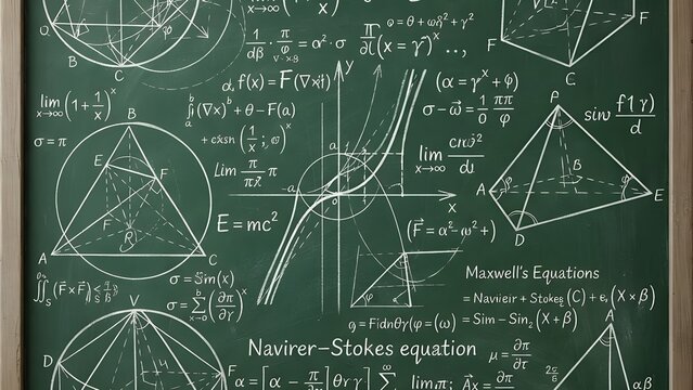 복잡한 미적분과 물리 수학 공식들이 분필로 가득 적혀 있는 초록색 학교 칠판
Green school chalkboard filled with complex calculus and physics math formulas in chalk