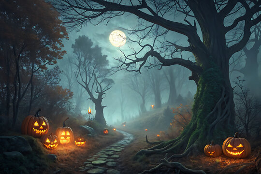Halloween forest, dark enchanted forest with glowing pumpkins, twisted branches, fog and mysterious moonlight, fantasy illustration.
