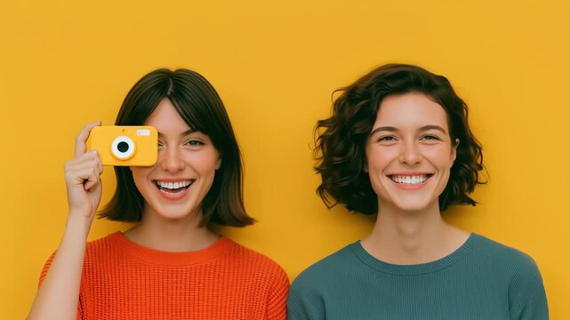 Two cheerful young female friends having fun together against a vibrant yellow background, one holds a small camera over her eye as they both laugh and smile genuinely in a studio setting