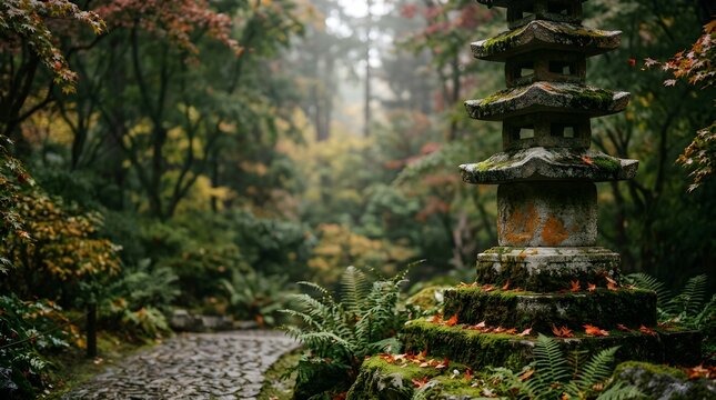 Ancient stone pagoda in misty garden, zen mossy temple path, autumn forest landscape