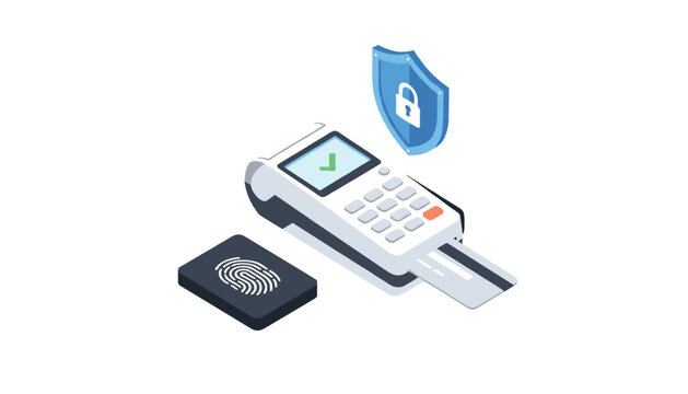 Isometric secure payment system with terminal, credit card, biometric fingerprint scanner, and lock shield icon.