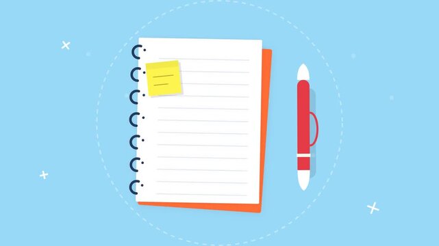 Flat Vector Animation of Spiral Notebook and Red Pen on Blue Background