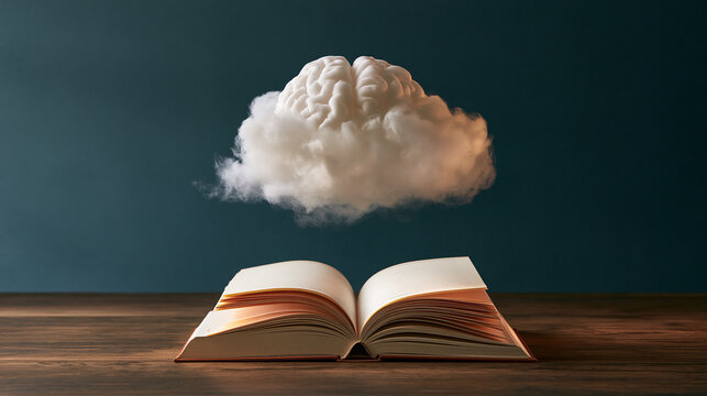 Soft brain shaped cloud above open notebook showcasing brain fog mental clarity symbolism and quiet luxury wellness concept