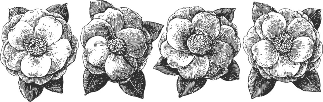 Vintage botanical illustration of camellia flowers with detailed petals and leaves in black and white