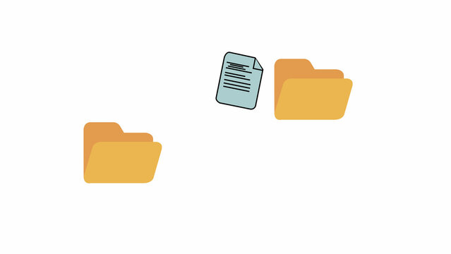 Digital file transfer showing a document moving between two yellow folders on a white background, concept of data management and organization in office work
