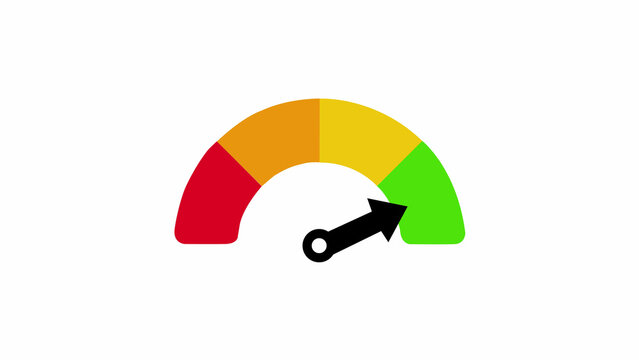 Semicircular performance gauge meter with a black arrow pointing to the green section on a white background, concept of success and positive status indicator