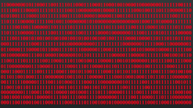 Abstract digital background, featuring dense rows, of binary code, digits in bright, red color set, against a dark, gray backdrop representing, computer programming data