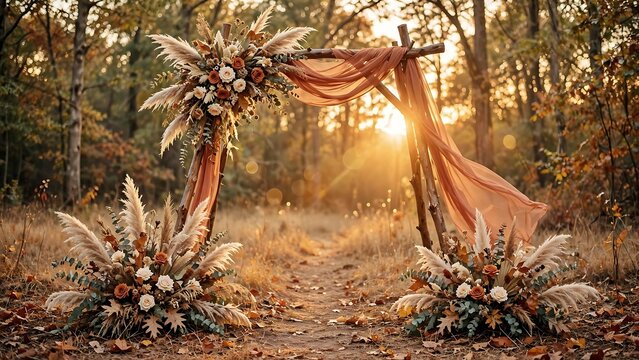 Outdoor bohemian wedding wooden arch draped with a terracotta sheer fabric and dried floral arrangement standing in forest, bathed in warm golden sunset