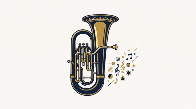 Brass Tuba Vector Art with Musical Notes and Geometric Shapes