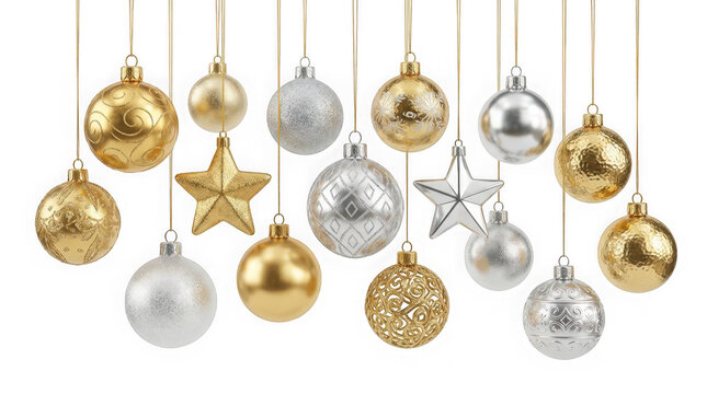 Collection of golden and silver christmas baubles and stars isolated on transparent background