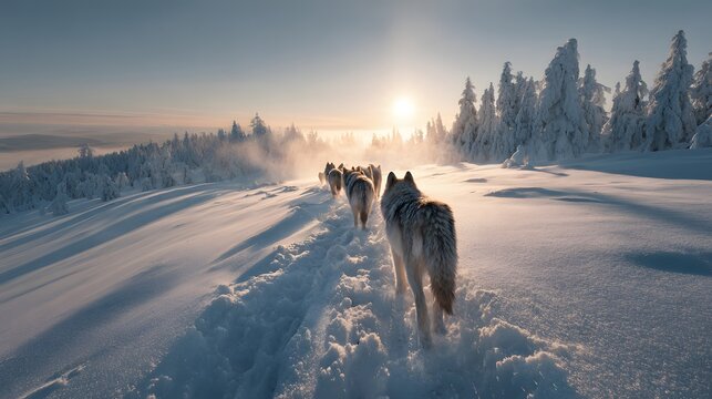 Pack of gray wolves walking through deep snow toward sunrise in winter forest.