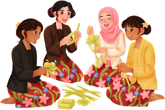 Balinese Women Mejejaitan Preparing Hindu Offerings for Galungan Illustration