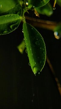 Row of rain droplets on glossy dark green citrus leaf edge Vertical Video 24fps