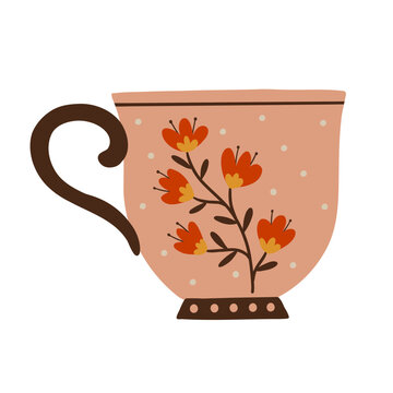 Pink teacup decorated with orange flowers, brown stems and small cream dots. Hand drawn colorful kitchen tableware illustration with floral ornament, isolated on white background.