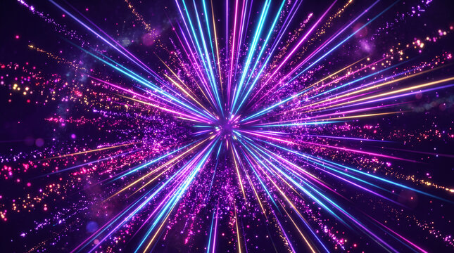 Abstract cosmic explosion of purple and blue light rays with glowing particles and stellar dust in deep space creating dynamic burst effect for science fiction and celestial background themes