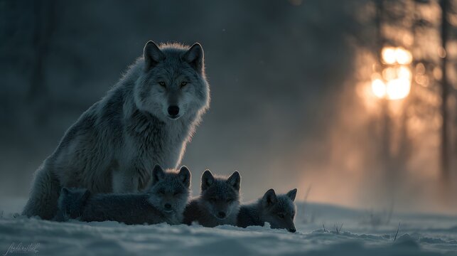 Gray wolf resting protectively with three pups in snowy forest at sunset.