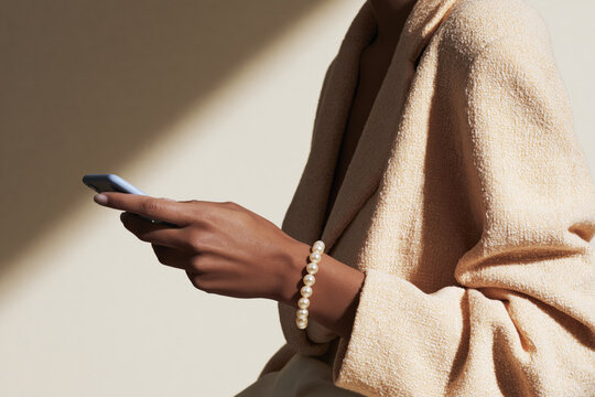 Woman in a beige boucl&eacute; coat holding a smartphone with a pearl bracelet on her wrist.