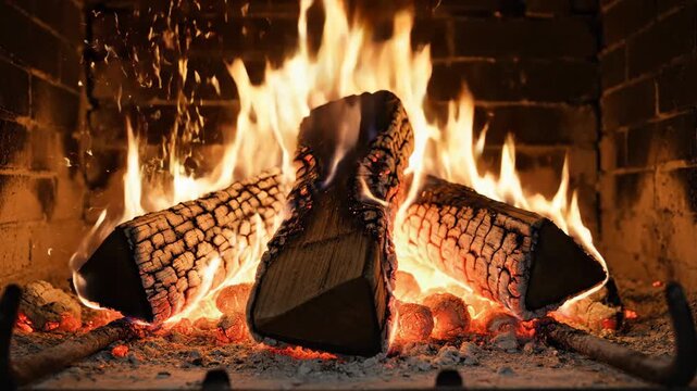 Burning fireplace logs with flames and brick background for home heating