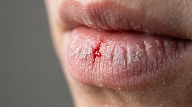 Extreme macro closeup of bleeding crack on dry chapped lower lip