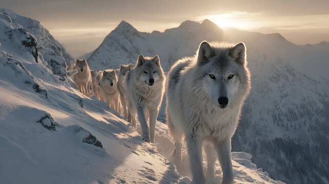 Pack of gray wolves walking along snowy mountain trail in winter.
