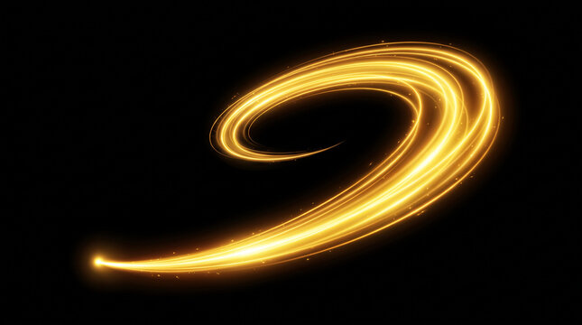 Abstract golden light trail forms elegant swirling spiral on black background, bright glowing line with sparkling particles creates dynamic motion effect