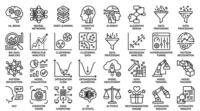 Set of black outline artificial intelligence icons featuring neural networks and data processing nodes perfect for web development and technology software.