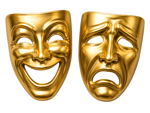 Golden theater masks, comedy and tragedy drama faces, metallic acting trophies isolated on Transparent Background