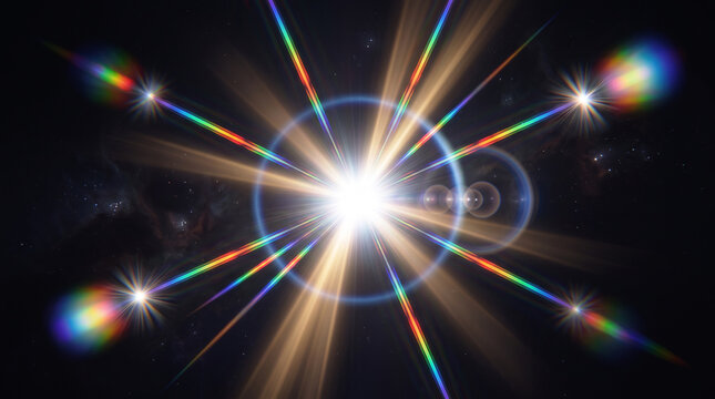 Radiant supernova star emitting intense bright white light with symmetric rainbow spectrum refraction rays extending outwards into deep dark outer space filled with distant twinkling star cluster