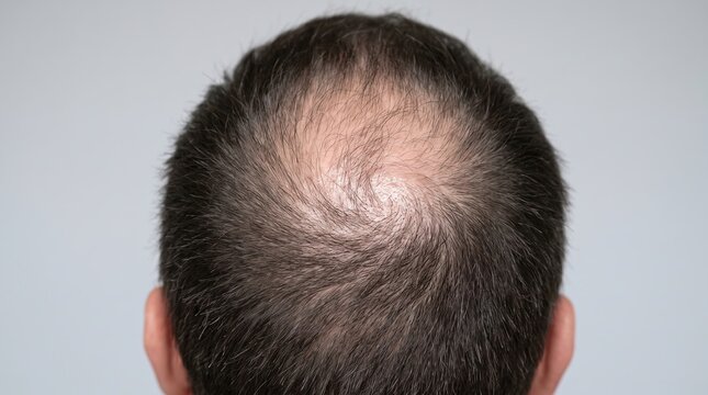 Top View of Male Vertex Showing Stage 3 Androgenetic Alopecia and Crown Hair Thinning