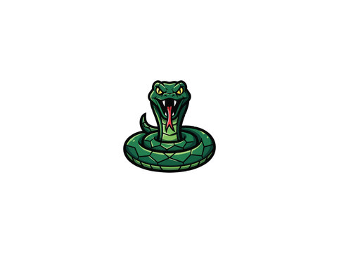 Green Coiled Snake With Open Mouth And Fangs In Simple Isolated Vector Icon Style