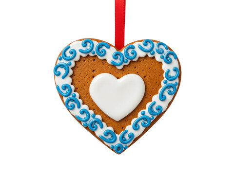 Gingerbread heart cookie with blue icing and a blank centre, isolated on transparent background