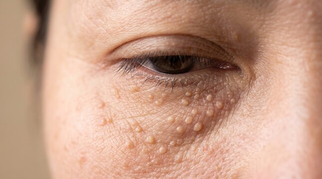 Close Up of Dense Syringoma and Milia Bumps Clustered Under Mature Woman Eye
