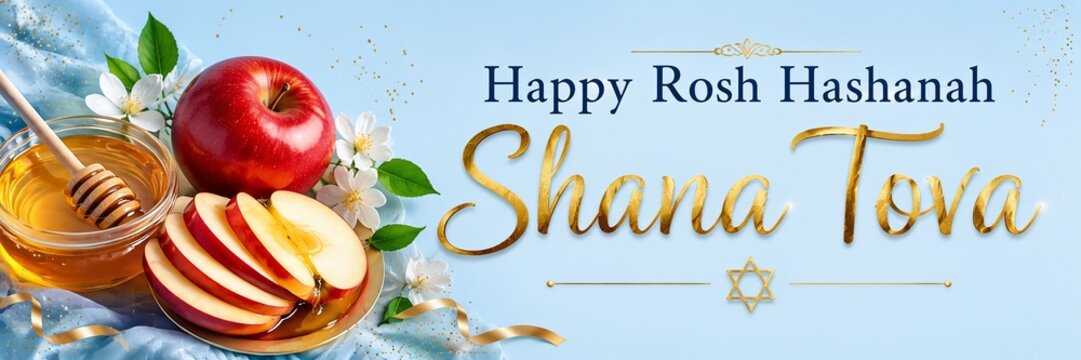 >Happy Rosh Hashanah and Shana Tova greeting banner. Jewish New Year website header concept with sliced red apples, honey, flowers, and golden typography on a light blue background