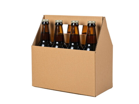 Cardboard six pack carrier with beer bottles inside, isolated on transparent background