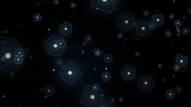 Geometric shapes drift slowly across a dark star filled background