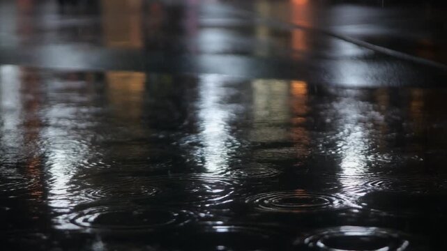 Nighttime raindrops create circular ripples and city light reflections in a dark asphalt puddle