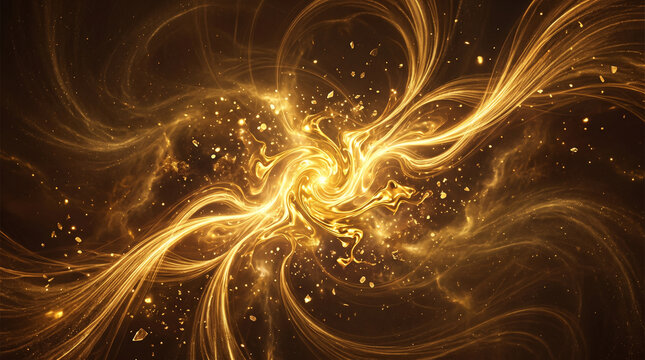 Luminous golden fluid swirl with glittering dust particles and flowing silk textures against dark background representing liquid wealth or ethereal magical energy for luxury brand design