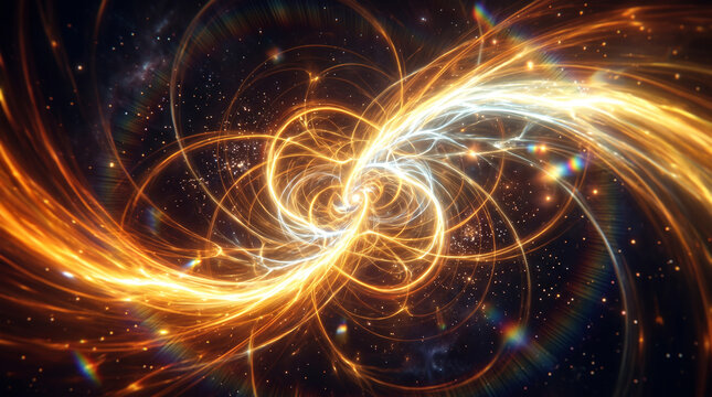 Abstract golden energy vortex with flowing glowing lines and luminous star particles swirling in deep dark space representing quantum entanglement or cosmic gravitational waves concept