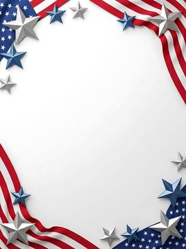 American flag border with patriotic silver stars and wavy red white and blue fabric for holiday decoration