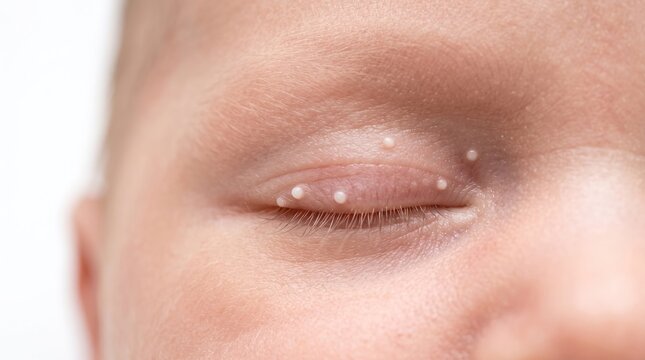 Small white milia bumps on closed eyelid of newborn baby macro closeup