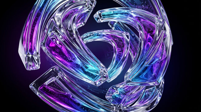 Abstract digital sculpture featuring interwoven translucent glass structures with glowing violet and blue internal fluid elements creating complex technological orb effect on dark backdrop art display
