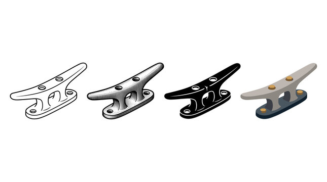 Dock cleat in four designs outline engraving silhouette and color vector illustration