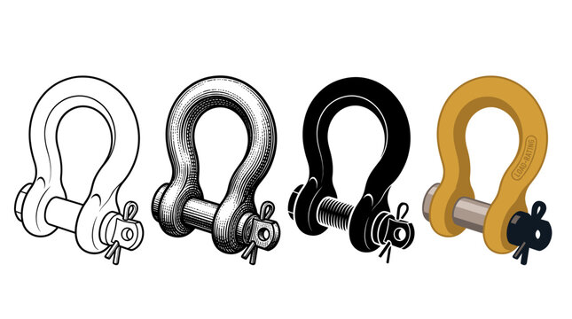 Marine shackle in four designs outline engraving silhouette and color vector illustration