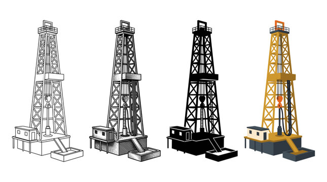 Onshore drilling rig in four designs outline engraving silhouette and color vector illustration