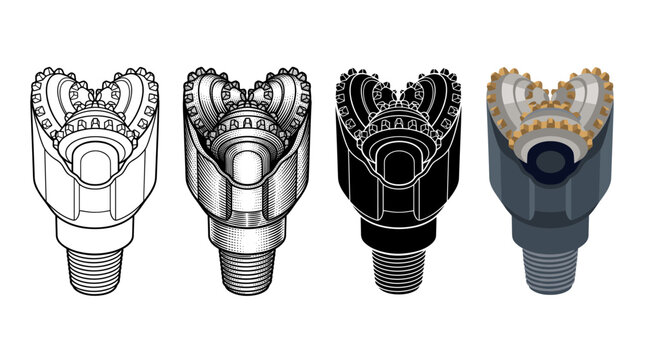 Tricone drill bit in four designs outline engraving silhouette and color vector illustration