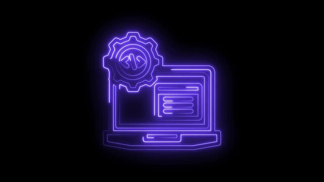 Neon glowing laptop with gear and code icon representing software development programming and