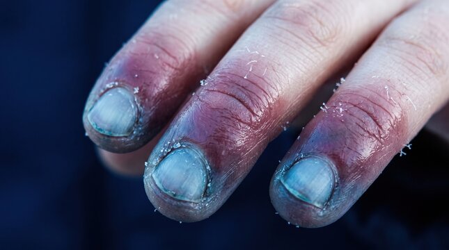 Severe frostbite and frost crystals on frozen human fingers closeup