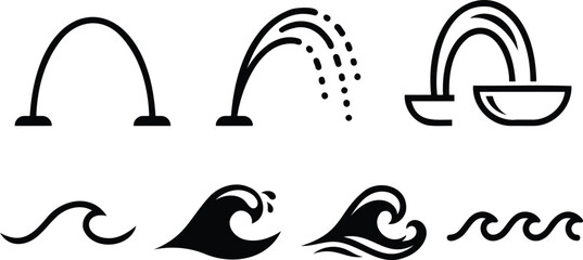 Naklejka premium Black water wave and fountain icon set